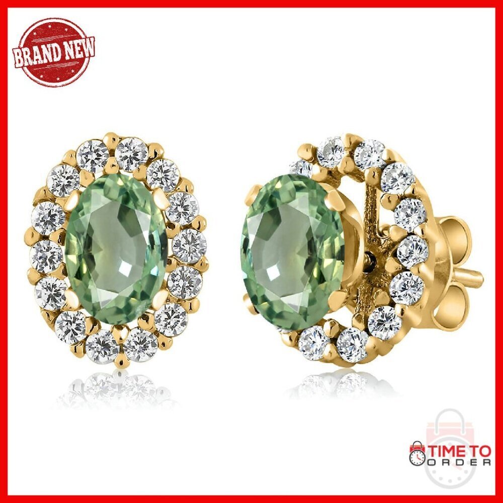 18K Gold Plated Silver Oval Gemstone Removable Jacket Stud Earrings